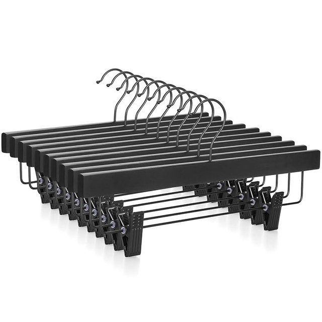 TOPIA HANGER Wooden Pants Hangers 10 Pack, Black Skirt Hangers with Clips and Rotatable Hook, Durable Natural Rubber Wood Organizer for Skirts, Pants, Jeans, Shorts - CTS02B