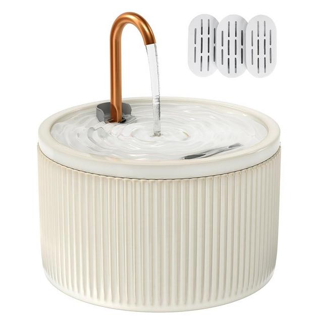 MISFANS Ceramic Cat Water Fountain - 2.1L/71oz - All-Ceramic Body & Pure Copper Water Spout - Automatic Pet Drinking Fountain for Cats Indoor with Ultra-Quiet Pump, and 3Pcs Filter & Sponge (Beige)