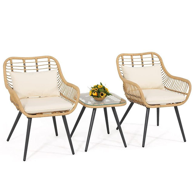 Verano Garden 3 Pieces Patio Bistro Set, Outdoor Wicker Conversation Chair Sets Balcony Furniture,Coffee Table with Glass Top, Cushions & Lumbar Pillows for Porch, Backyard, Deck, Poolside