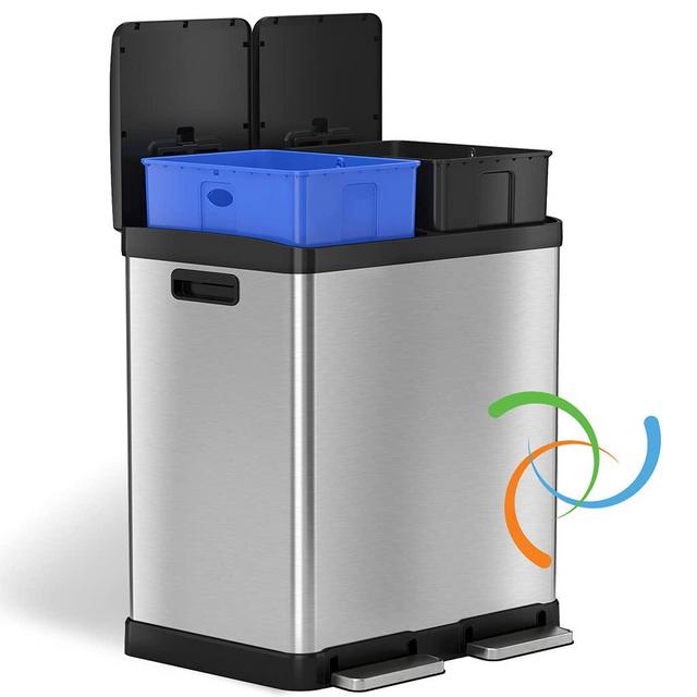 iTouchless SoftStep 16 Gallon Step Trash Can Recycle Bin with Activated Carbon Filter Deodorizers, Stainless Steel, 2 x 8 Gallon (30L) Removable Color-Coded Buckets, Soft Close and Airtight Seal