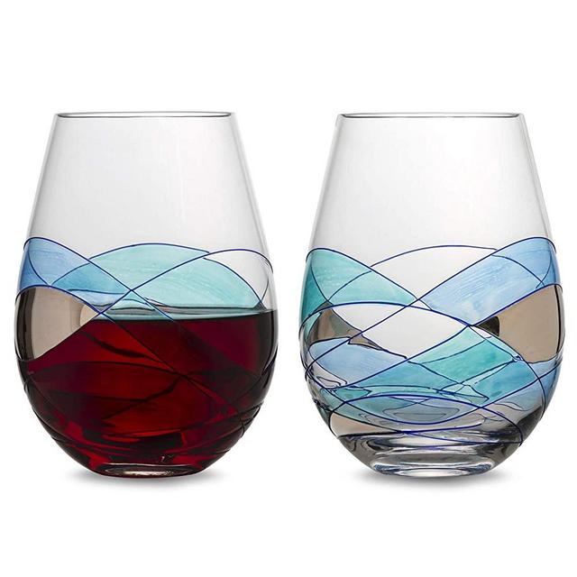 Bezrat Stemless Wine Glasses Set of Two, Hand Painted Large Premium Red  and White Wine glasses, Lead-Free Crystal, Essential Wine Gift