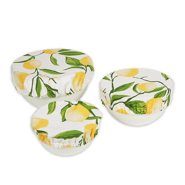 DII Reusable Fabric Bowl Cover Collection Machine Washable, Cotton with Elastic Stretch for Food Storage, 10.25"/8.25"/7.5" Diameter, Lemon Bliss Print, 3 Piece