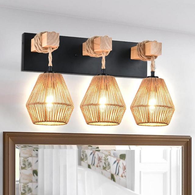 ILLMTW 3-Light Bathroom Vanity Lights Over Mirror,Farmhouse Wood Vanity Light Fixtures for Bathroom,Boho Rustic Adjustable Color with Woven Rattan Wicker Wall Sconces for Hallway Bedroom Living Room