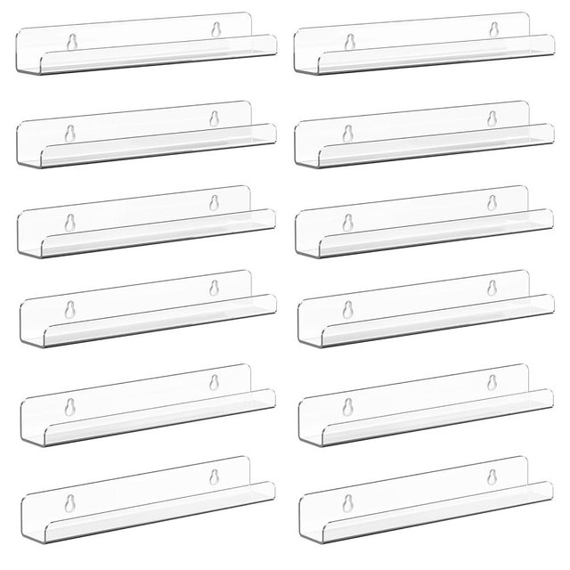 Meaocer Vinyl Record Shelf Wall Mount, 12 Pack 12 inch Clear Acrylic Album Record Holder Display, Kids Bookshelf, Floating Wall Shelves for Bathroom, Bedroom, Living Room, Kitchen