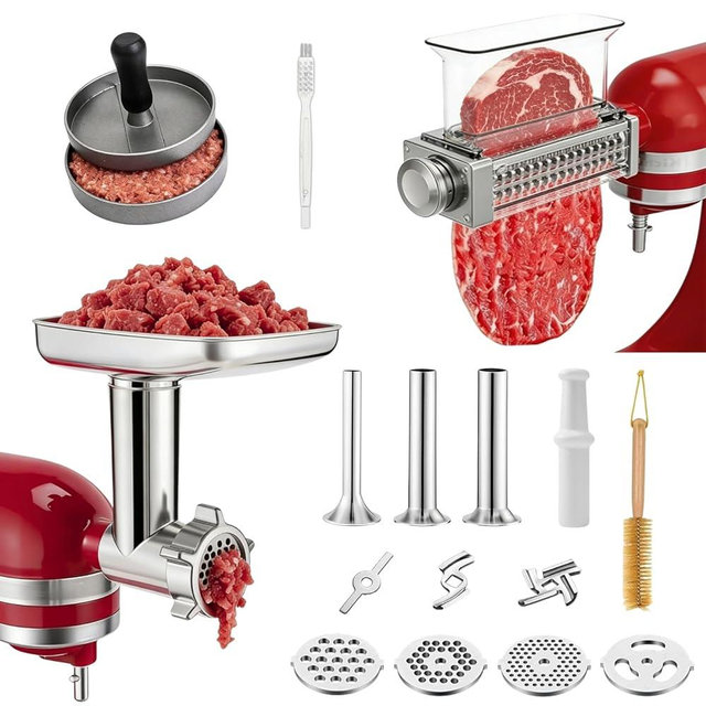 Jorivel Stainless Steel Meat Grinder & Meat Tenderizer Attachments Compatible with KitchenAid Stand Mixer, 3 Adjustable Thickness - Includes 4 Grinding Plates, 3 Sausage Stuffer Tubes & Burger Press