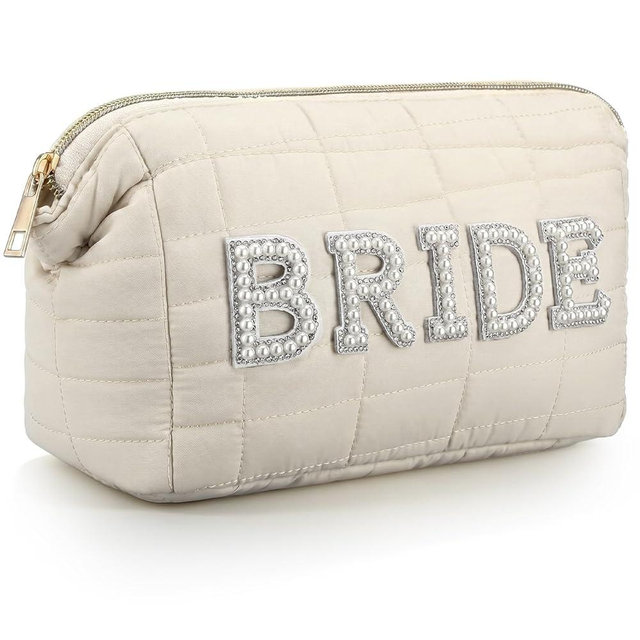 Sunnymove Large Quilted Cotton Bride Patch Letter Floral Makeup Bag for Women Bridesmaid Engagement Gift Bag Pouch Purse Bridal Shower Gifts for Engagement Wedding(8.1" X 5.1" X 2.8",White)
