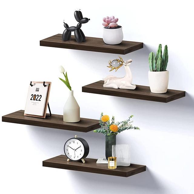 Herncptar Wall Shelves, Rustic Wood Floating Shelves Set of 4, Hanging Storage Shelf with Invisiable Metal Brackets for Bathroom, Living Room, Kitchen, Bedroom