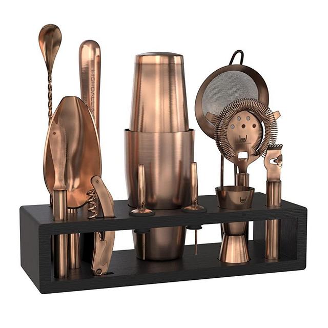 Highball & Chaser Bartender Kit with Black Bamboo Stand Beautiful Cocktail Shaker Set and Bar Tools Stainless Steel Boston Shaker Bartender Kit with Stand (Antique Copper)
