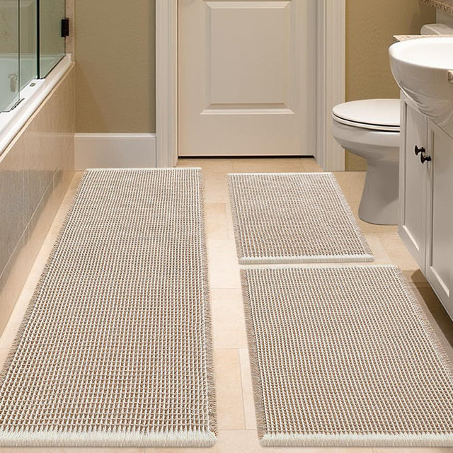 IM HOME Waffle Bath Mat Set 3 Piece Brown & Cream,Woven Modern Bath Rug Mats, Absorbent Non Slip Bath Floor Mat, Soft Washable Boho Bath Rugs with Tassels for Bathroom, Bedroom, Kitchen, Tub