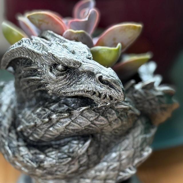 Coiled Dragon Planter, Pewter Finish | Unique Mythic Creature Home Decor | Resin Sculpture Snake Vase, Fantasy Art and Gothic Home Decor