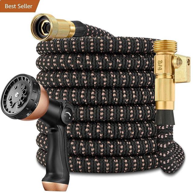 Garden Hose 100ft – 2025 Upgarded Expandable Garden Hose w/10 Pattern Thumb Spray Nozzle, 650psi Pure Brass 3/4” Fittings – Lightweight, Durable, and Kink-Free(Black Rose Gold)