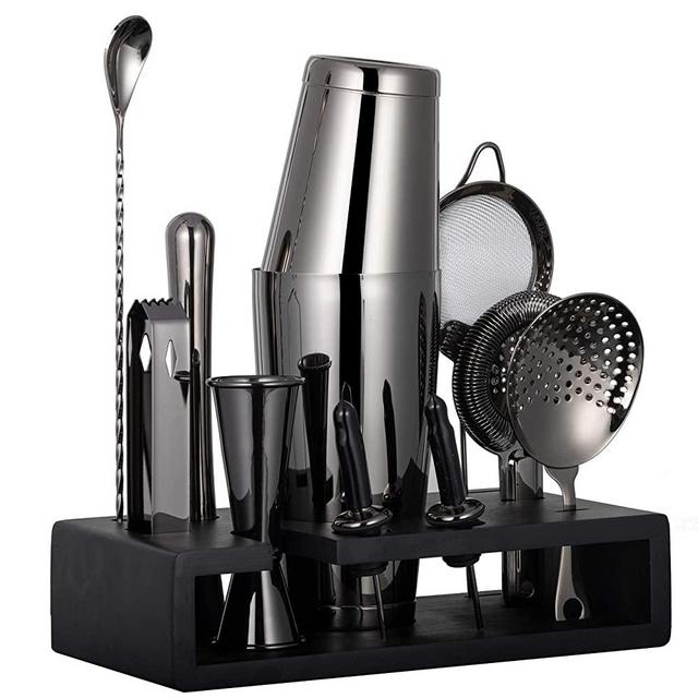 15-Piece Cocktail Shaker Bar Set with Bamboo Stand: 2 Weighted Boston Shakers, Cocktail Strainer Set, Double Jigger, Cocktail Muddler and Spoon, Ice Tong, 2 Liquor Pourers and Recipes Booklet-Black