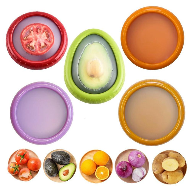FUTIKOA 5 Pack Avocado Saver & Onion Storage | BPA-Free Silicone Stretch Pods, Airtight & Leak-Proof | Reusable Fresh Pods Food Storage Containers for Fridge, Dishwasher Safe