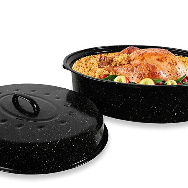 Bovado USA Enamel Oval Turkey Roaster Pan with Lid - Thanksgiving Gift, Covered, Non-sticky, Free of Chemicals, Dishwasher Safe - 17.3 Inch - Rôtissoire (Capacité de 8.15 kg)