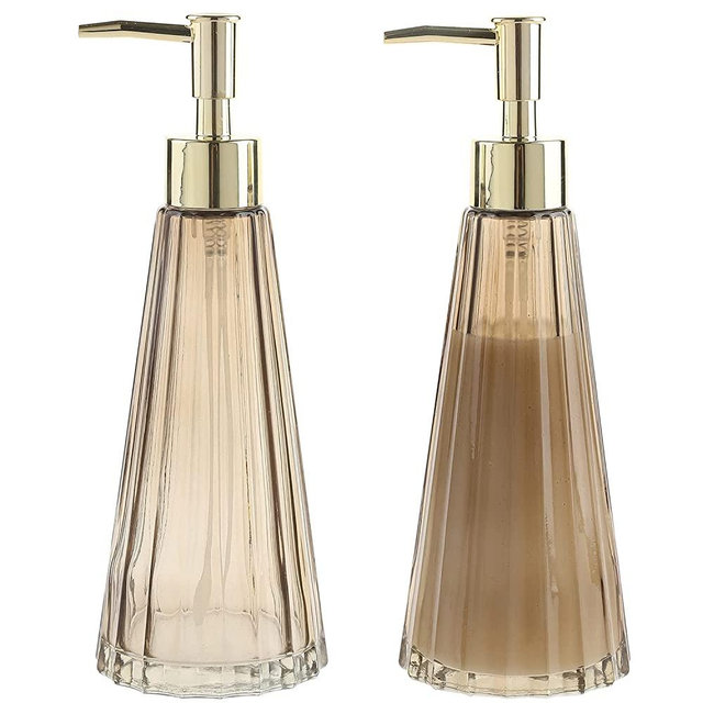MyGift Vintage Smoked Glass and Brass Liquid Soap/Lotion Pump Dispenser with Vertical Ribbed Design, Set of 2