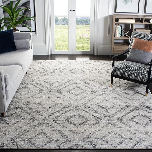 SAFAVIEH Adirondack Collection Area Rug - 6' Square, Light Grey & Grey, Modern Diamond Distressed Design, Non-Shedding & Easy Care, Ideal for High Traffic Areas in Living Room, Bedroom (ADR131C)