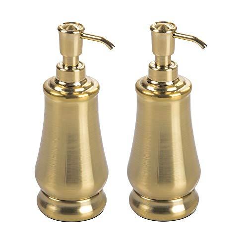 mDesign Modern Metal Refillable Liquid Soap Dispenser Pump Bottle for Bathroom Vanity Countertop, Kitchen Sink - Holds Hand Soap, Dish Soap, Hand Sanitizer, Essential Oils - 2 Pack - Soft Brass