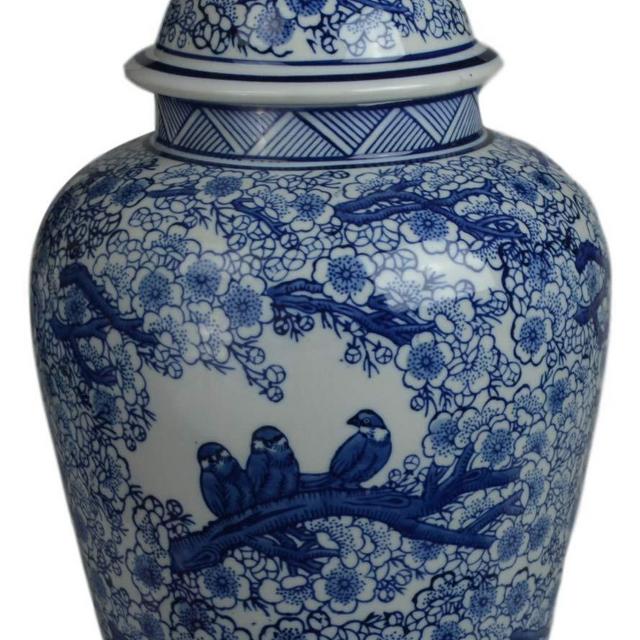 Festcool 12.5" Blue and White Porcelain Floral Temple Ginger Jar Vase, China Qing Style (Blue Bird)
