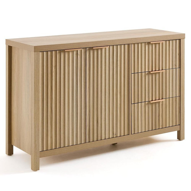 OAKHAM HOME Fluted Sideboard Cabinet 46.6'' Buffet Cabinet with 2 Doors and 3 Drawers Modern Storage Credenza with Adjustable Shelves for Living Room, Entryway or Kitchen, Golden Oak