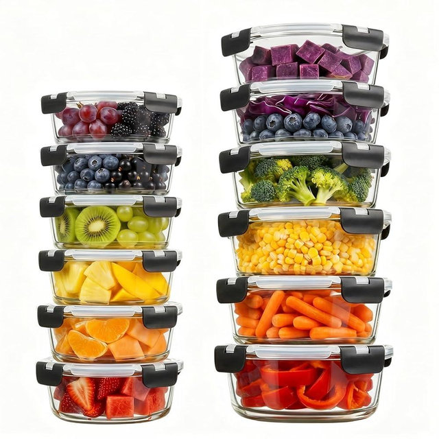 Konokyo Round Glass Food Storage Containers with Lids, 12 Pack Airtight Leakproof Meal Prep Containers, BPA-Free, Microwave Oven Freezer & Dishwasher Safe, Assorted Sizes