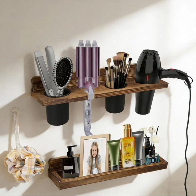Hair Tool Organizer Wall Mount Holder, 2 Layer Rustic Blow Dryer Holder, Hair Product Wooden Storage Shelf for Hair Dryer, Curling Iron, Hot Tools, Vanity Accessories, Makeup, Toiletries(Dark Brown)