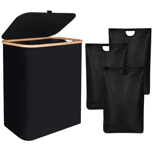 zzolee - Laundry Basket 140L with Lid, Extra Large Laundry Hamper with 3 Removable Liners (3 Compartments), Holds Up to A Week's Worth of Clothes for Family, 22x15x26 inch (Black)