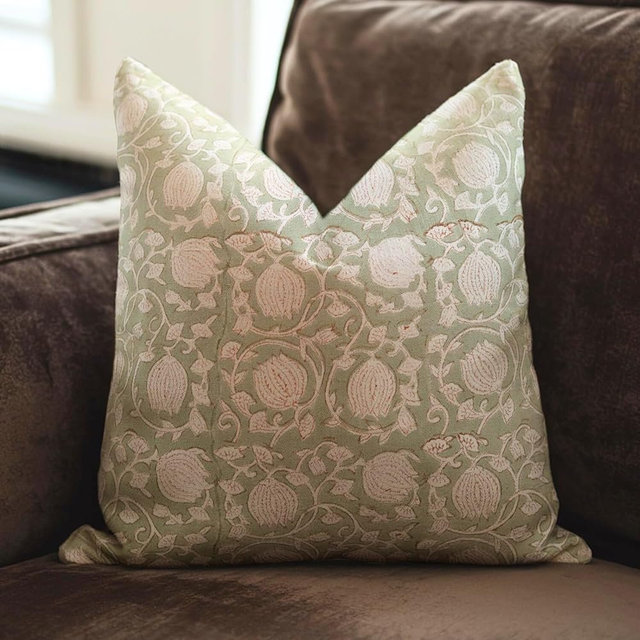 Fabritual Handmade Block Print 20x20 Inches Cotton Throw Pillowcase Cushion Cover with Invisible Zipper for Sofa, Couch, Fall, Summer, Spring Decoration, Farmhouse, Six Kamal, Light Green