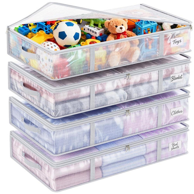 Fixwal 4pcs 90L Under Bed Storage Containers Bins Clear Closet Underbed Organizers and Storage for Blanket, Clothing, Sweaters, Pillows, Linen Sheets with Sturdy Handle and Zippers