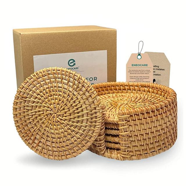 Eneocare Handmade Natural Rattan Drink Coasters - Wicker Heat Resistant Reusable Saucers, Unique Round Straw Woven Trivet for Teacup, Man Cave House Warming Presents Decor, Set of 6 with Holder