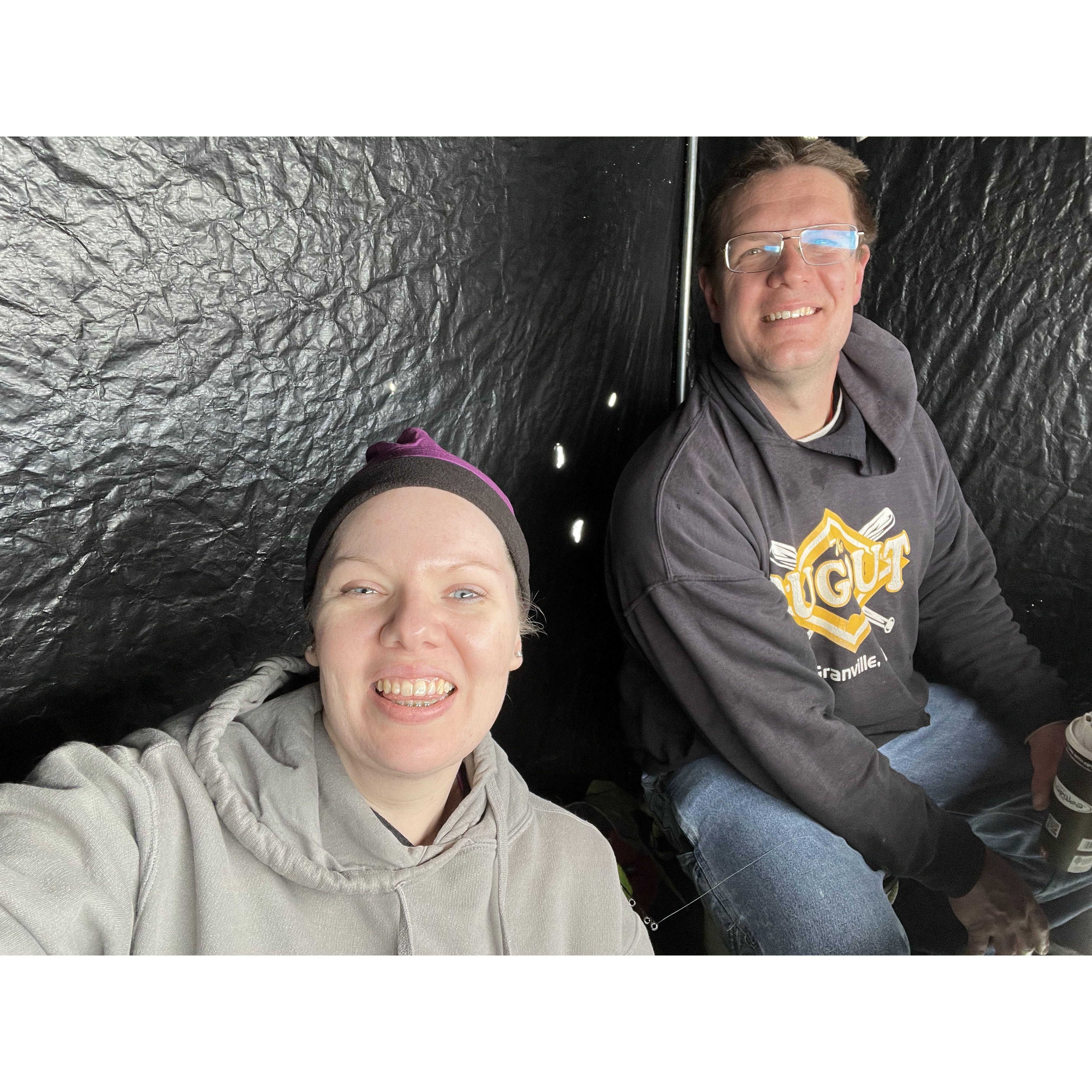 February 2023 - Joy visited Neal in Iowa for the first time. He arranged an ice fishing trip, which Joy loved! We didn't catch anything, but spending time together was sweet and fun.