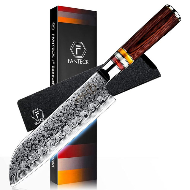 FANTECK Damascus Santoku Knife, 7 Inch Kitchen Knife Ultra Sharp Japanese VG10 67 Layers Stainless Steel Chef Knife,High Carbon Meat Fruit Cutting Knife-Pakkawood Handle,Gift box & Plastic Sheath