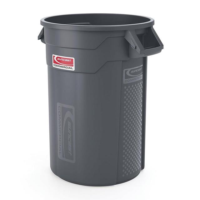 Suncast Commercial Products 32 Gallon Trash Can with Vented Channels, Ergonomic Handles, Rolled Upper Lip, Made in The USA, Gray