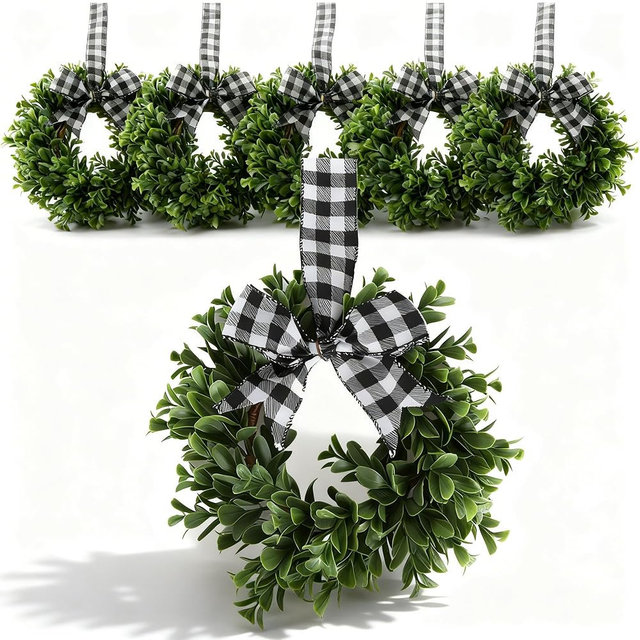 6 Pcs Mini Wreaths for Kitchen Cabinets, 9 Inch Artificial Boxwood Wreath with Buffalo Plaid Bows, Small Farmhouse Candle Rings for Covered Outdoor Window Decor, UV Protected Realistic Greenery
