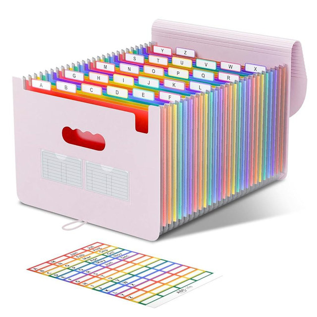 ABC life 26 Pockets Accordian File Organizer Expanding File Folders, Portable Letter A4 Size Filing Box,Plastic Monthly Receipt Document Organizer with Colored Tabs (Pinkish Purple)
