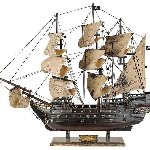 SAILINGSTORY Wooden Pirate Ship Model Black Pearl Model Ship Sailboat Decor Sea Chart Sails 20.5"