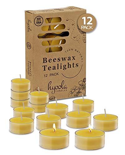 Hyoola Pure Beeswax Tea Lights - 12 Pack - Handmade Decorative Unscented - Tealight Candles - 4 Hour Burn Time, Clear Cup