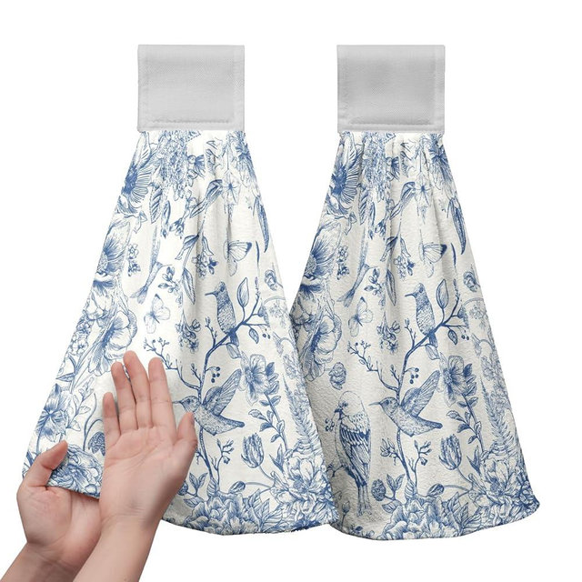 Blue Floral Bird Hanging Kitchen Towels Chinoiserie Vintage Flower Spring Summer Hand Towel with Loop Blue White Kitchen Tie Towels Dish Towel Set of 2 Soft Absorbent Hanging Bath Towel for Bathroom