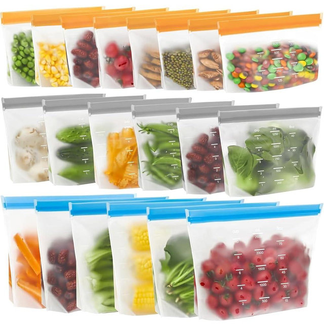 20 Pack Reusable Food Storage Bags - Dishwasher Safe - BPA Free Containers Freezer Bag - Leakproof Refrigerator Bags for Snacks, Fruits, Vegetables, Meal Prep - 6 Gallon + 6 Sandwich + 8 Snack Bags
