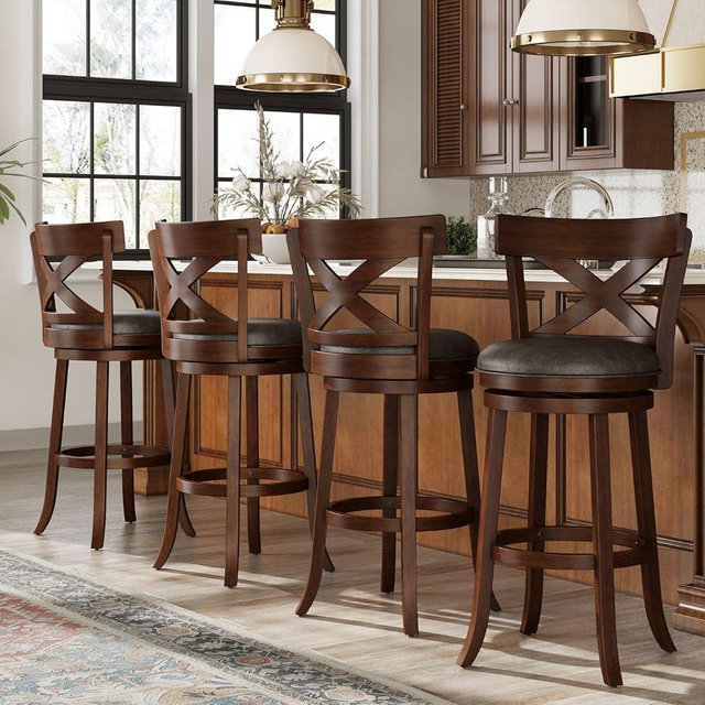 Sophia & William Swivel Bar Stools Set of 4, 30 Inch Bar Height Barstools with Cross Back & Solid Wood Legs,Faux Leather Kitchen Stools, Brown