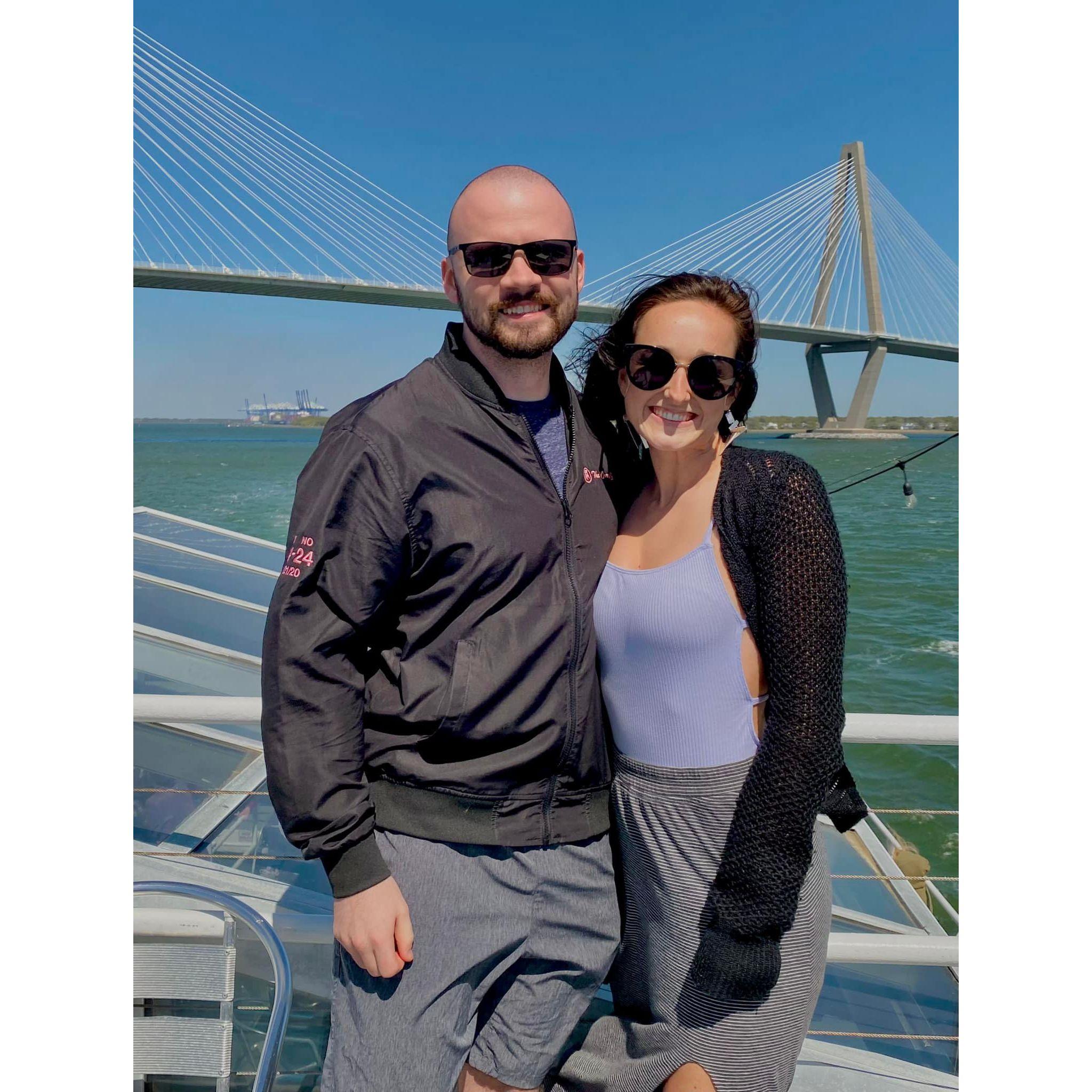 2 year anniversary trip to Charleston! Pete forgot a hat on this boat tour and he got a really bad sun burn on his head :/ last time he does that!