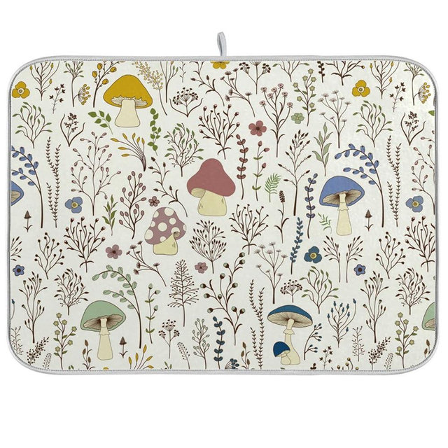Cute Mushroom Wild Plant Dish Drying Mat for Kitchen Counter Absorbent Microfiber Drying Pad, Medium 16x18 in, Reversible Drainer Mats