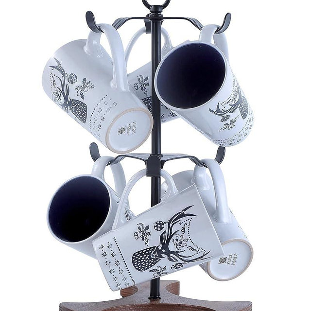 Mug Holder Tree for Countertop | 2-Tier Coffee Cup Stand & Rack Holds 6 Large Mugs, 5oz to 20oz | Space-Saving Mug Stand with Solid Wood Base | Kitchen Counter Organizer & Coffee Bar Accessories