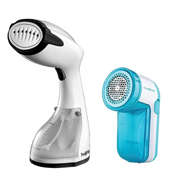 True & Tidy Power Steam Press Travel Handheld Garment Steamer and Lint Remover Bundle Set, Fabric Wrinkle Remover and Shaver