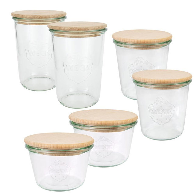 Weck Jars Set (6 Preserving Jars, 2 x 250 ml, 2 x 500 ml, 2 x 750 ml with Wooden Lid, for Preserving/Storing Food) 79213