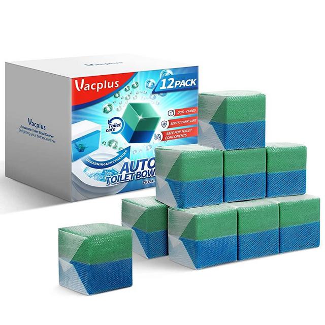 Vacplus Automatic Toilet Bowl Cleaner Tablets (12 Pack), Bathroom Toilet Tank Cleaner, Duo-Cubes Blue Toilet Bowl Tablets Bubbles, Long-lasting Cleaning Supplies, Effective in Cleaning & Deodorizing