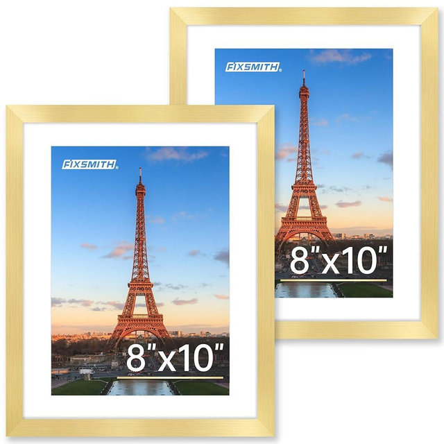 FIXSMITH 8x10 Picture Frame Set of 2, Gold Picture Frames Collage for Tabletop or Wall Display, Photo Frame with HD Plexiglass, Display Pictures 5x7 with Mat or 8x10 Without Mat