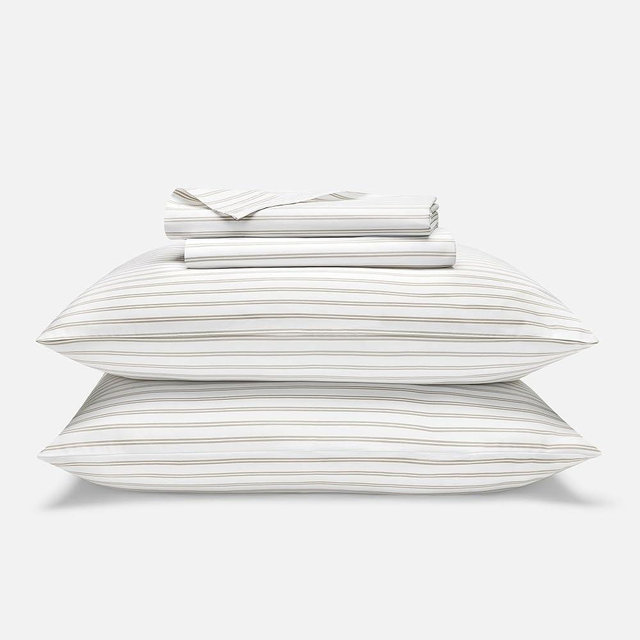 Brooklinen Luxury Sateen 4 Piece Sheet Set - 100% Cotton Bed Sheets, Soft Queen Size Sheets Set in Tandem Stripe in Pebble, Oeko-TEX Certified Bedding Set, 1 Fitted Sheet, 1 Flat Sheet, 2 Pillowcases
