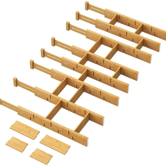 kiplant Bamboo Drawer Dividers - Adjustable Drawer Dividers for Clothes, Kitchen, Closet & Office - 8 Pack with Inserts, 18-22.6 Inches, Non-Slip Silicone Ends