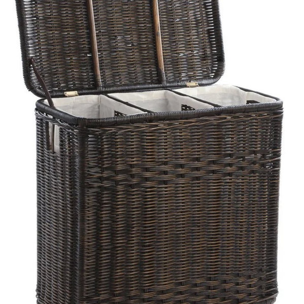 3-Compartment Wicker Laundry Hamper - Antique Walnut