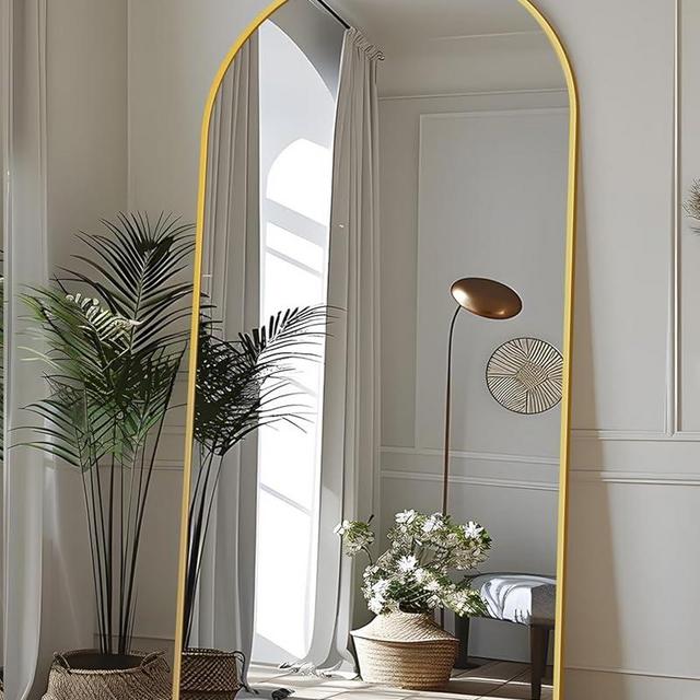 Full Length Mirror, 76"x34" Floor Mirror, Floor Standing Mirror Freestanding Arch Full Body Mirror with Stand for Bedroom, Hanging Mounted Mirror for Living Room Cloakroom, Gold